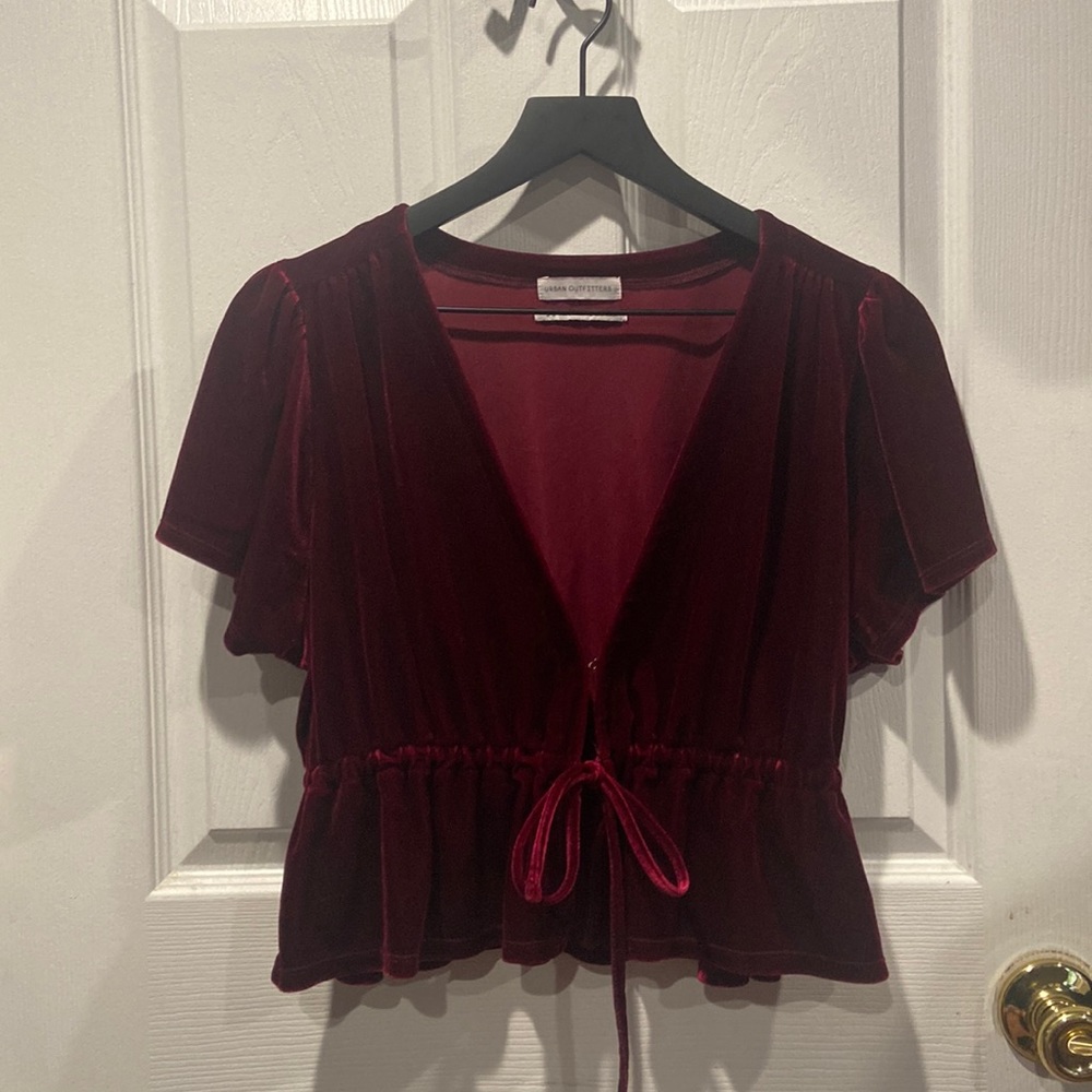 Urban Outfitters open front red velvet top